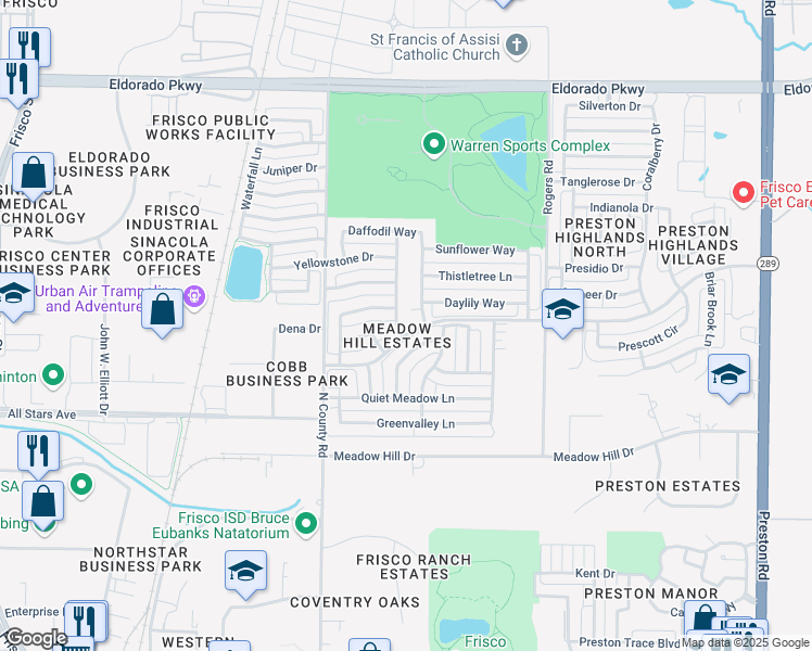 map of restaurants, bars, coffee shops, grocery stores, and more near 10624 Star Meadow Drive in Frisco