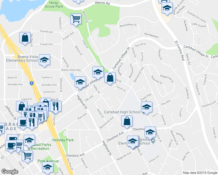 map of restaurants, bars, coffee shops, grocery stores, and more near 1811 Oak Avenue in Carlsbad