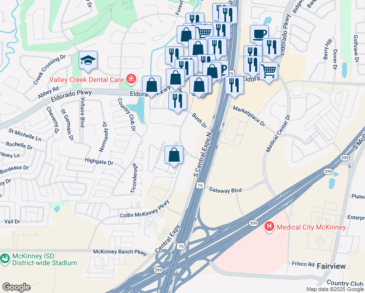 map of restaurants, bars, coffee shops, grocery stores, and more near 3420 Craig Drive in McKinney
