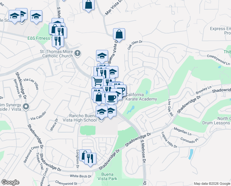 map of restaurants, bars, coffee shops, grocery stores, and more near 1668 South Melrose Drive in Vista