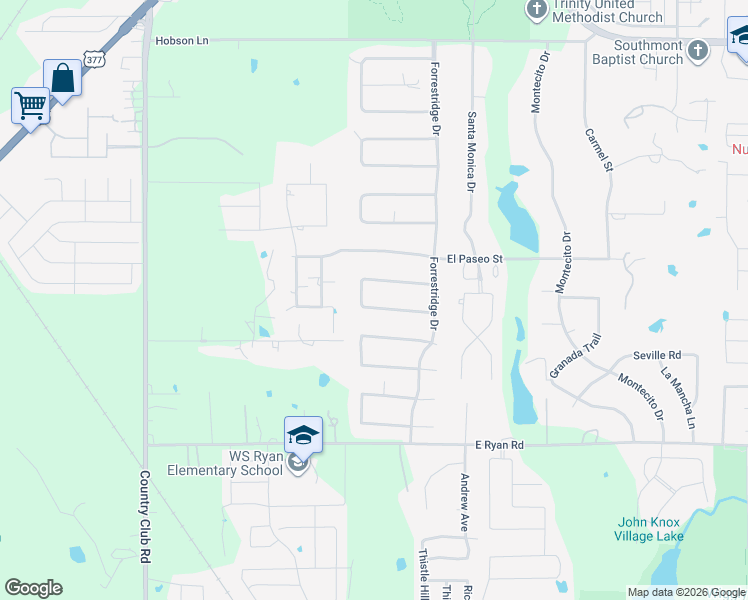 map of restaurants, bars, coffee shops, grocery stores, and more near 29 Oak Forrest Circle in Denton