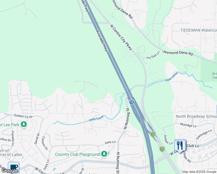 map of restaurants, bars, coffee shops, grocery stores, and more near 2169 Rockhoff Road in Escondido