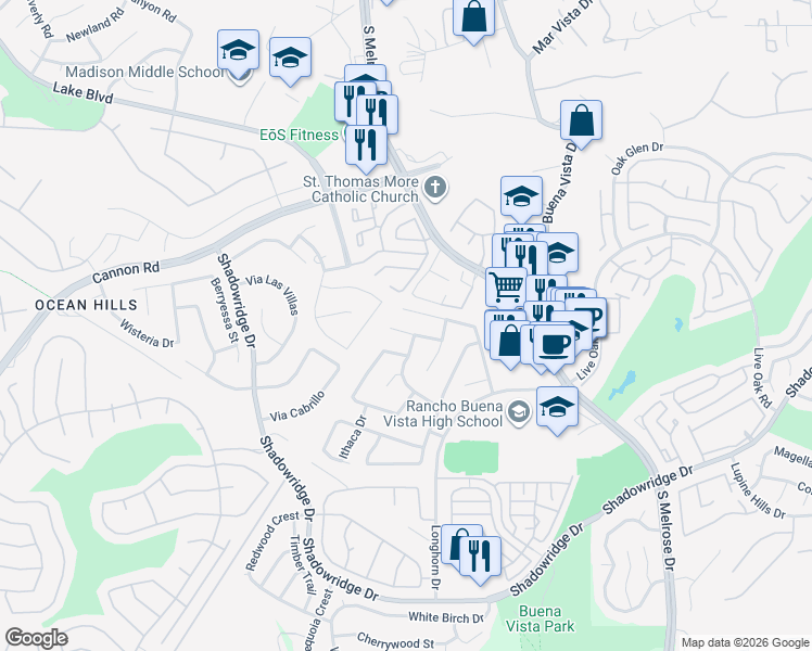 map of restaurants, bars, coffee shops, grocery stores, and more near 1522 Enchantment Avenue in Vista