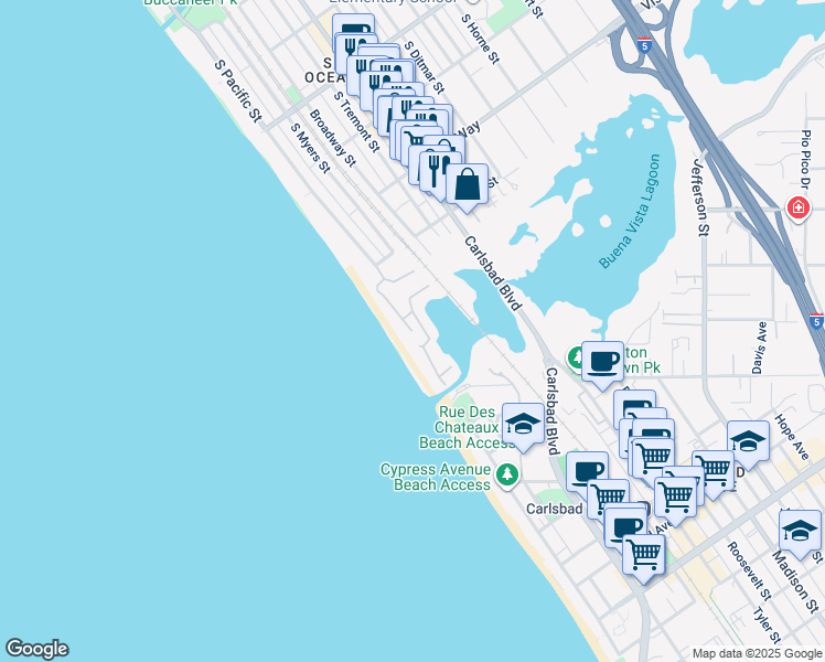map of restaurants, bars, coffee shops, grocery stores, and more near Saint Malo Beach in Oceanside