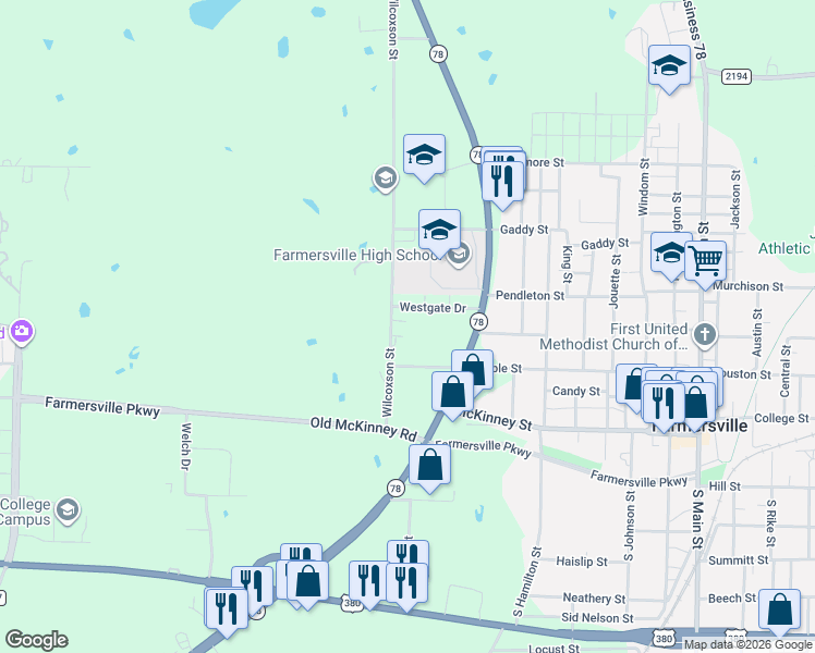 map of restaurants, bars, coffee shops, grocery stores, and more near 302 Wilcoxson Street in Farmersville