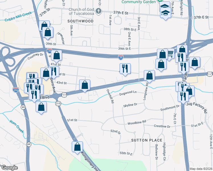 map of restaurants, bars, coffee shops, grocery stores, and more near 0 Highway 7 in Tuscaloosa
