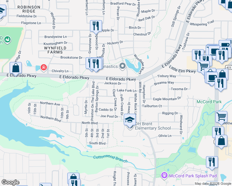 map of restaurants, bars, coffee shops, grocery stores, and more near 1933 Clear Creek Drive in Little Elm