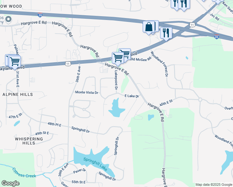 map of restaurants, bars, coffee shops, grocery stores, and more near 4073 East Lake Drive in Tuscaloosa