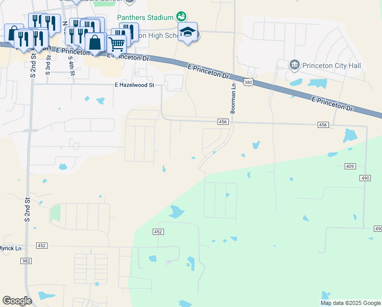map of restaurants, bars, coffee shops, grocery stores, and more near 1045 County Road 456 in Princeton