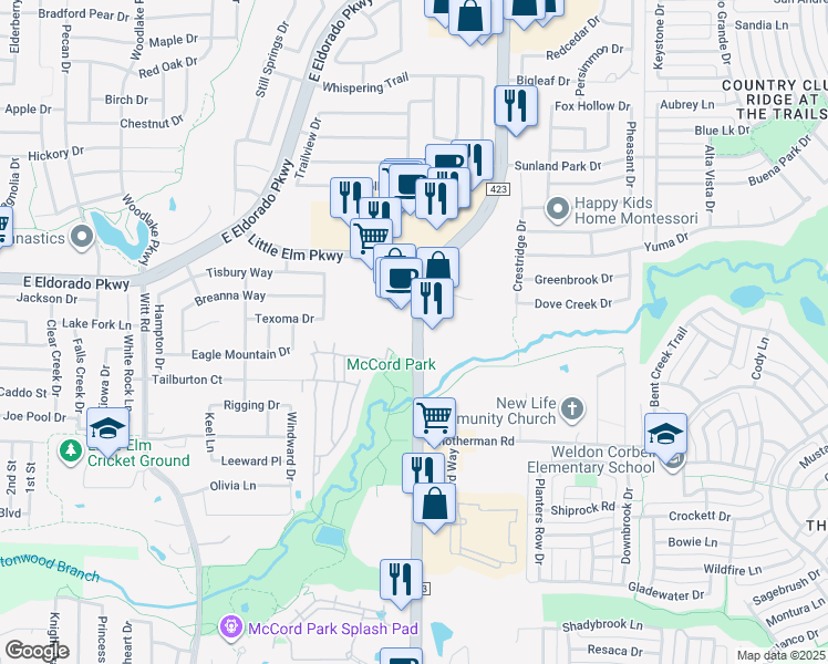 map of restaurants, bars, coffee shops, grocery stores, and more near 2078 Farm to Market Road 423 in Little Elm