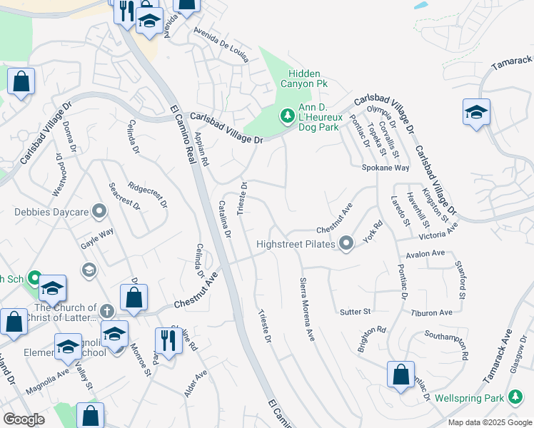 map of restaurants, bars, coffee shops, grocery stores, and more near 3545 Sierra Morena Avenue in Carlsbad