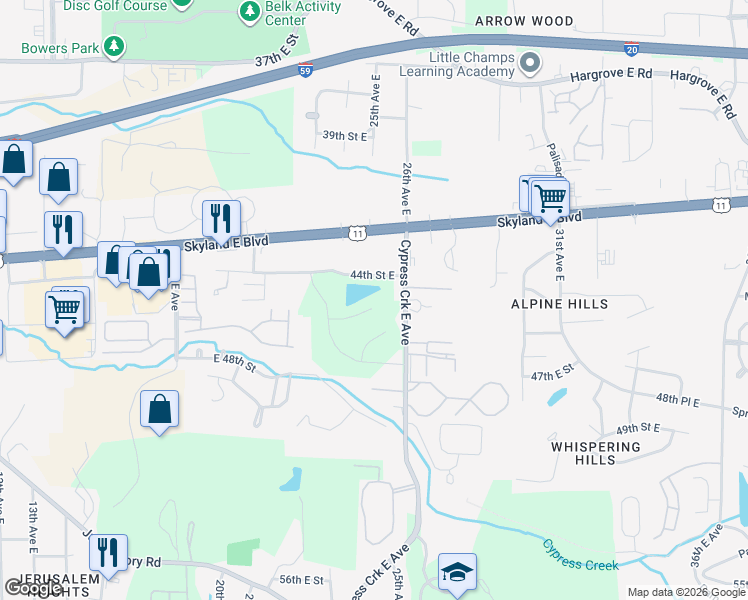 map of restaurants, bars, coffee shops, grocery stores, and more near 4518 Cypress Creek Avenue East in Tuscaloosa