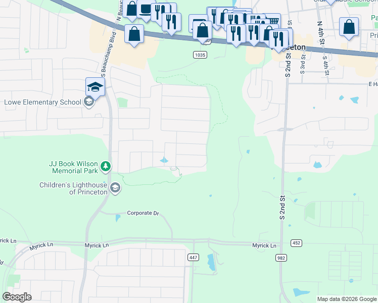 map of restaurants, bars, coffee shops, grocery stores, and more near 471 Pebble Brook Lane in Princeton
