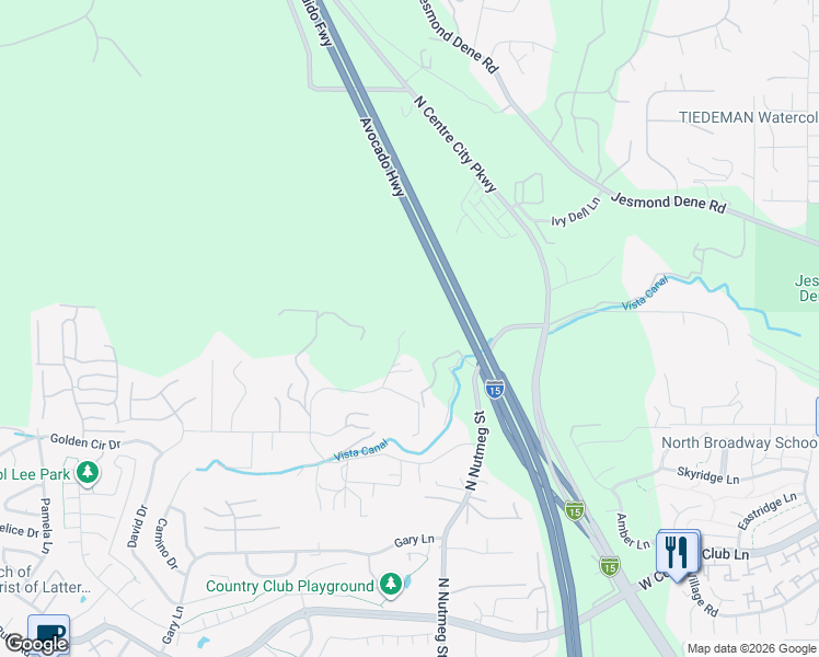 map of restaurants, bars, coffee shops, grocery stores, and more near 2169 Rockhoff Road in Escondido