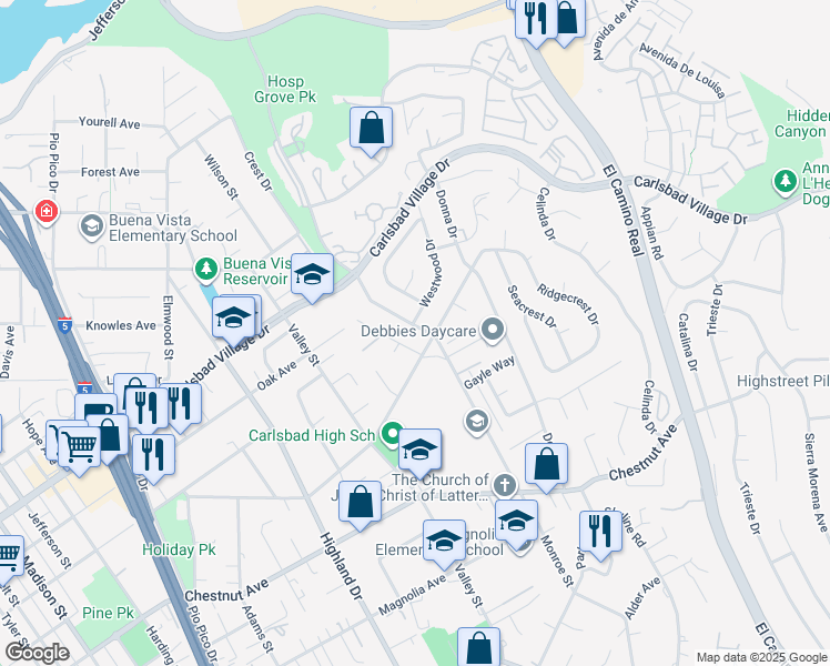 map of restaurants, bars, coffee shops, grocery stores, and more near 3285 Monroe Street in Carlsbad