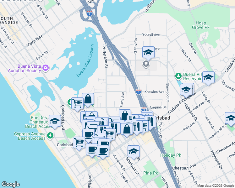 map of restaurants, bars, coffee shops, grocery stores, and more near 2624 Davis Avenue in Carlsbad