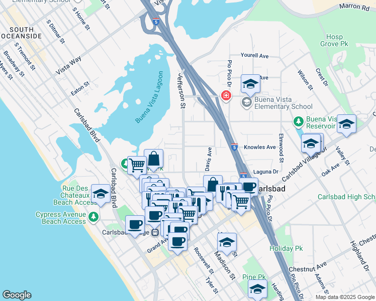 map of restaurants, bars, coffee shops, grocery stores, and more near 2632 Jefferson Street in Carlsbad