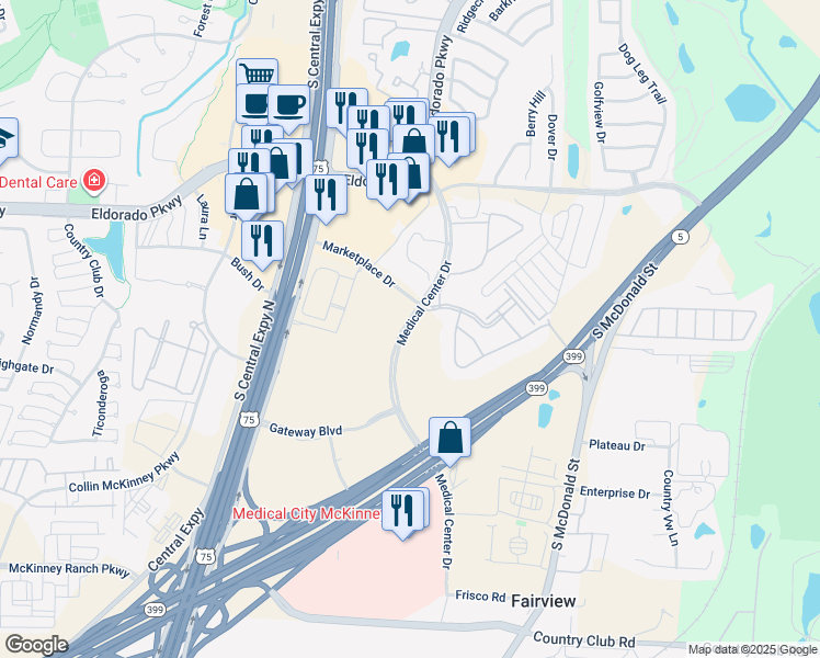 map of restaurants, bars, coffee shops, grocery stores, and more near 3191 Medical Center Dr in McKinney