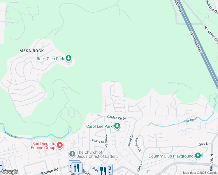 map of restaurants, bars, coffee shops, grocery stores, and more near 2227 Medina Glen in Escondido