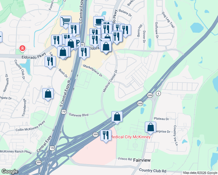 map of restaurants, bars, coffee shops, grocery stores, and more near 3549 Medical Center Drive in McKinney