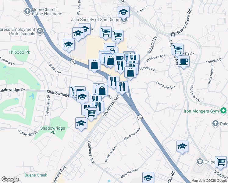 map of restaurants, bars, coffee shops, grocery stores, and more near 632 Sycamore Avenue in Vista