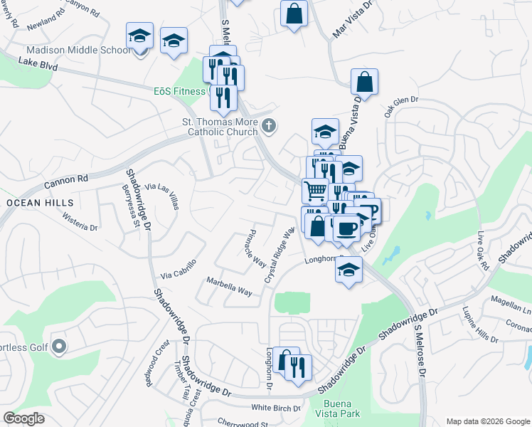 map of restaurants, bars, coffee shops, grocery stores, and more near 1533 Promontory Ridge Way in Vista