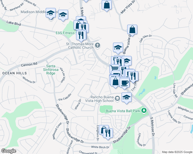 map of restaurants, bars, coffee shops, grocery stores, and more near 1533 Promontory Ridge Way in Vista