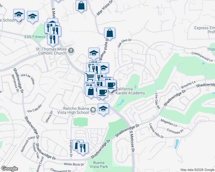 map of restaurants, bars, coffee shops, grocery stores, and more near 1579 Castillo Way in Vista