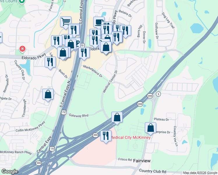 map of restaurants, bars, coffee shops, grocery stores, and more near 3502 Medical Center Drive in McKinney