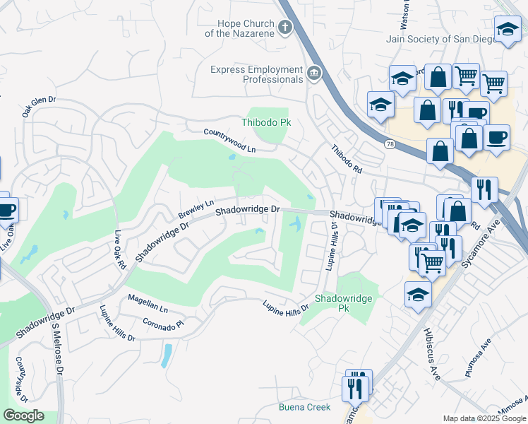 map of restaurants, bars, coffee shops, grocery stores, and more near 1079 Shadowridge Drive in Vista