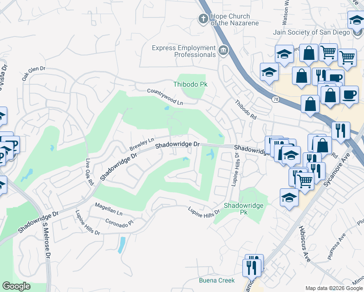 map of restaurants, bars, coffee shops, grocery stores, and more near 1079 Shadowridge Drive in Vista