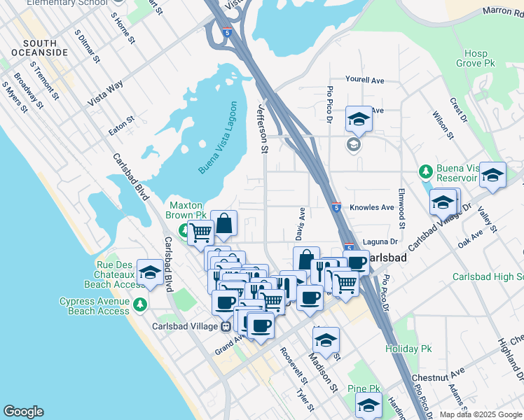 map of restaurants, bars, coffee shops, grocery stores, and more near 2632 Jefferson Street in Carlsbad