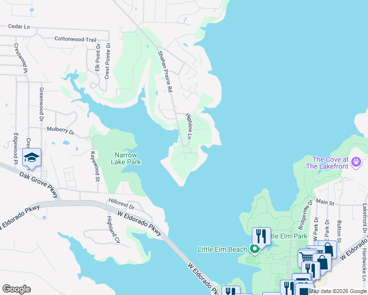 map of restaurants, bars, coffee shops, grocery stores, and more near 1215 Shahan Prairie Road in Little Elm