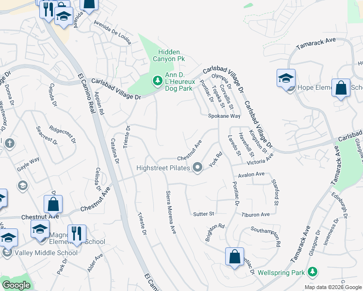 map of restaurants, bars, coffee shops, grocery stores, and more near 3609 Ames Place in Carlsbad