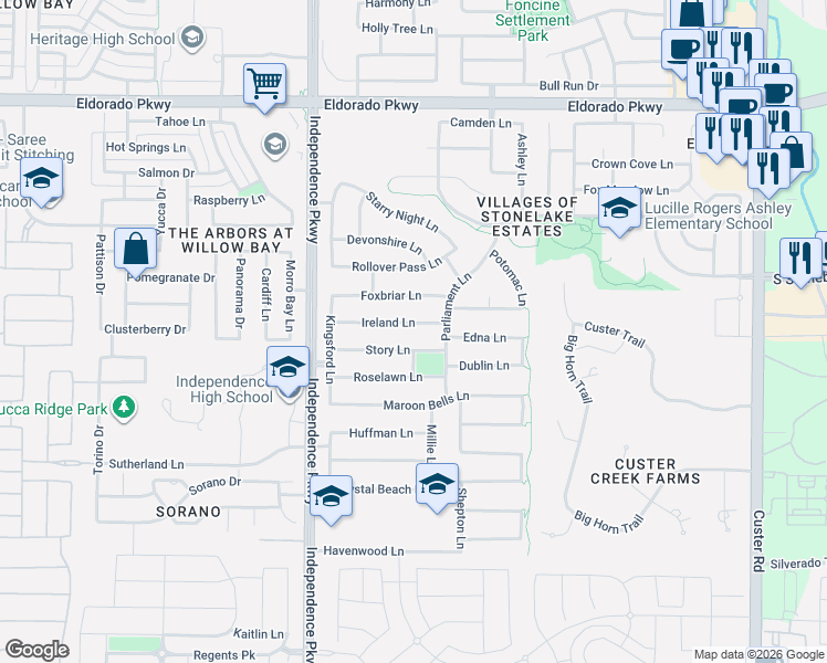 map of restaurants, bars, coffee shops, grocery stores, and more near 14864 Story Lane in Frisco