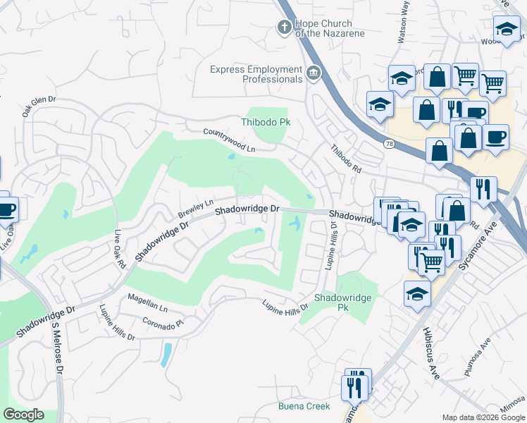 map of restaurants, bars, coffee shops, grocery stores, and more near 1091 Shadowridge Drive in Vista
