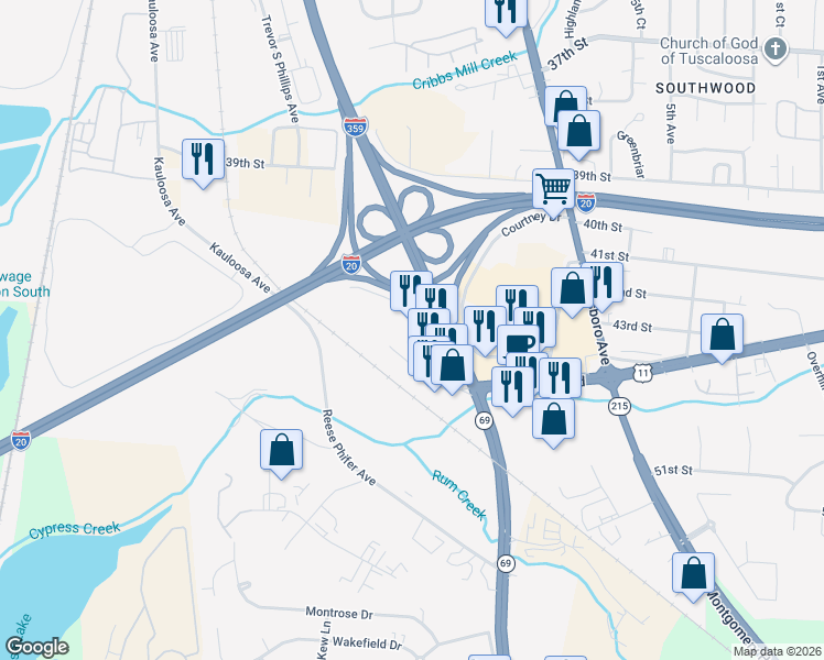 map of restaurants, bars, coffee shops, grocery stores, and more near 5001 Oscar Baxter Drive in Tuscaloosa