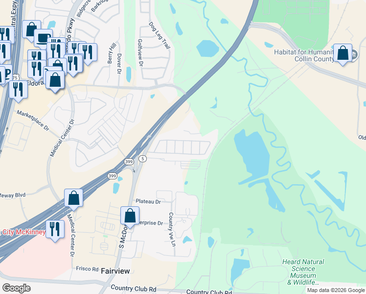 map of restaurants, bars, coffee shops, grocery stores, and more near Crestwood in McKinney