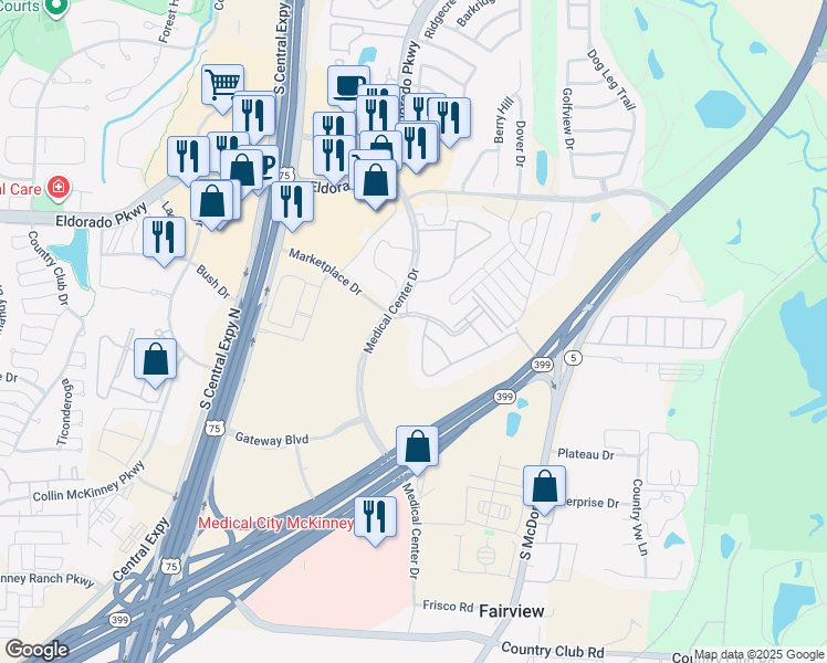 map of restaurants, bars, coffee shops, grocery stores, and more near 3502 Medical Center Drive in McKinney