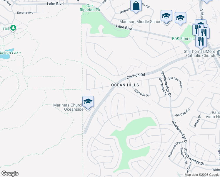 map of restaurants, bars, coffee shops, grocery stores, and more near 3570 Pirgos Way in Oceanside