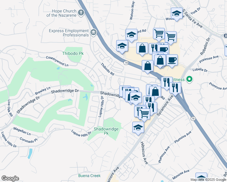 map of restaurants, bars, coffee shops, grocery stores, and more near 840 Brooktree Lane in Vista