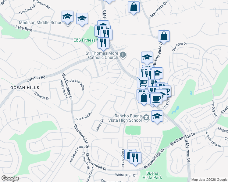map of restaurants, bars, coffee shops, grocery stores, and more near 1522 Enchantment Avenue in Vista