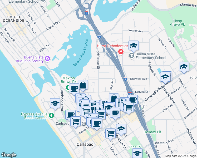 map of restaurants, bars, coffee shops, grocery stores, and more near 2632 Jefferson Street in Carlsbad