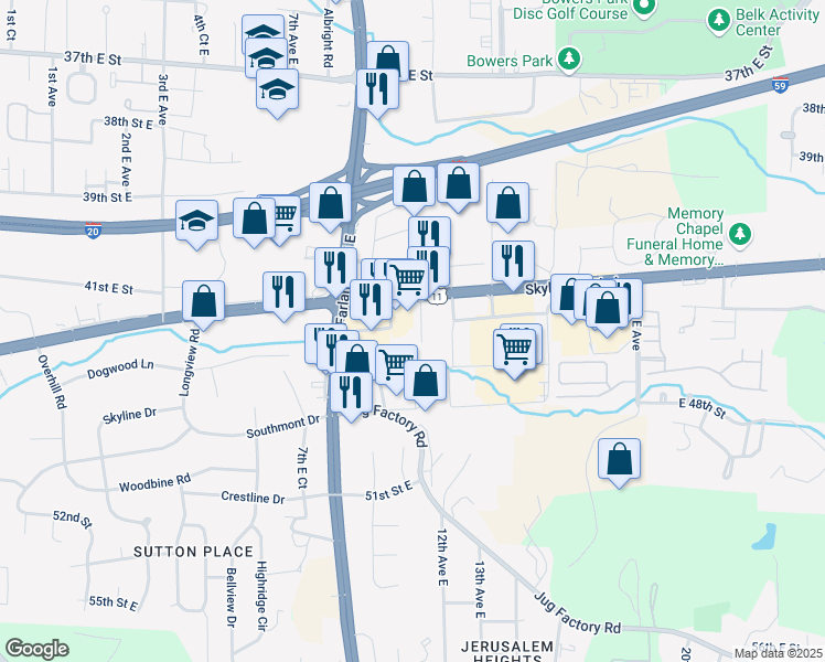 map of restaurants, bars, coffee shops, grocery stores, and more near 1105 Skyland Boulevard East in Tuscaloosa