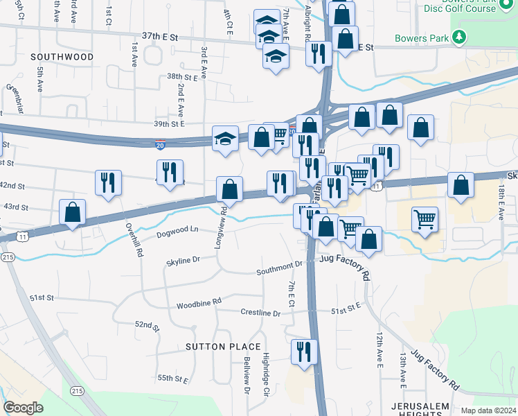 map of restaurants, bars, coffee shops, grocery stores, and more near 559 Skyland Boulevard East in Tuscaloosa