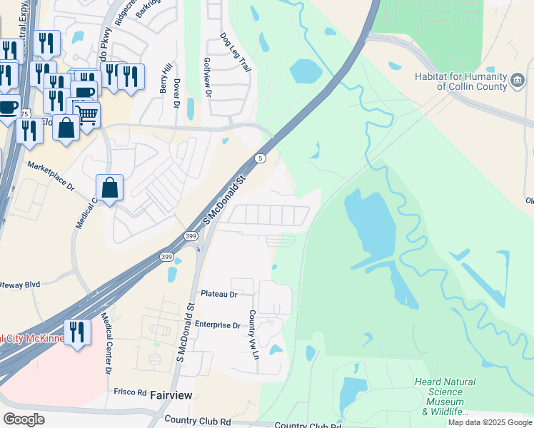 map of restaurants, bars, coffee shops, grocery stores, and more near Crestwood in McKinney