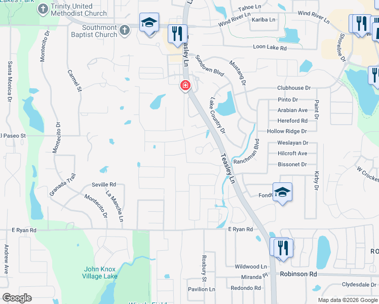 map of restaurants, bars, coffee shops, grocery stores, and more near 3624 Helm Lane in Denton