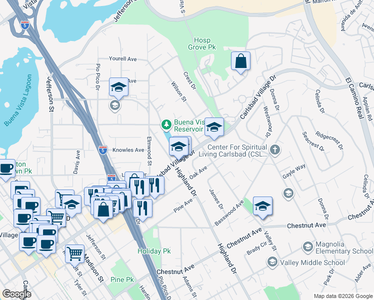 map of restaurants, bars, coffee shops, grocery stores, and more near 1270 Newland Court in Carlsbad