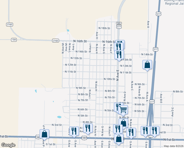 map of restaurants, bars, coffee shops, grocery stores, and more near 1001 North Avenue H in Haskell