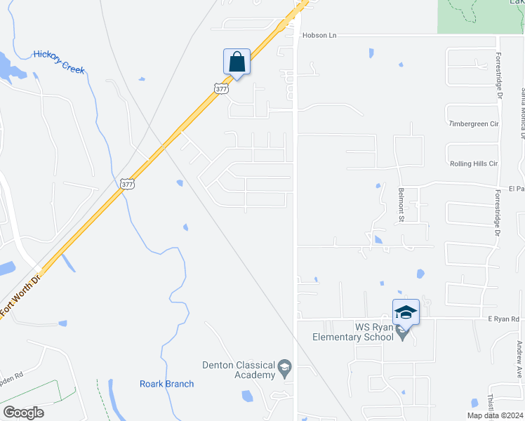 map of restaurants, bars, coffee shops, grocery stores, and more near 1013 Springcreek Drive in Denton